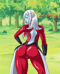 1girls 2d ass back back_view big_ass blue-skinned_female blue_body blue_skin bodysuit clothed demon demon_girl demoness detailed_background dicasty dimples_of_venus dragon_ball dragon_ball_xenoverse female female_only forest hips long_hair pointy_ears red_bodysuit shounen_jump solo towa underboob white_hair wide_hips