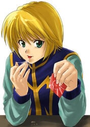 blonde_hair condom condom_wrapper hunter_x_hunter kurapika male_focus male_only solo_male sticky_fingers tasting_cum