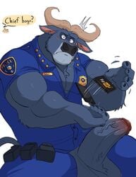 2021 anthro balls benjamin_clawhauser black_nose blush bovid bovine bull cape_buffalo cellphone chief_bogo clothing disney english_text erection genitals hi_res humanoid_genitalia humanoid_hands humanoid_penis male male_only mammal muscular muscular_male penis phone police police_badge police_uniform pornhub simple_background sitting smartphone solo text uniform vitashi white_background zootopia