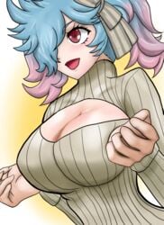 1girls blue_hair cleavage cleavage_cutout fire_emblem fire_emblem_fates hair_over_one_eye large_breasts matoimangekyo multicolored_hair nintendo one_eye_covered open_mouth peri_(fire_emblem) red_eyes smile solo sweater twintails