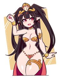 1girls black_hair curvy cute_fang earrings female female_only harem_outfit long_hair looking_to_the_side medium_breasts open_mouth original_character pointy_ears re-sublimity-kun red_eyes simple_background thick_thighs toned toned_female toned_stomach twintails white_background wide_hips