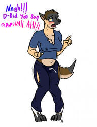 anthro aroused bodily_fluids breast_growth breasts brown_body brown_fur canid canine canis claws clothing corruption coyote cross-eyed crossed_legs cum cum_through_clothing cuntboy cuntboy_transformation dialogue ejaculation eye_changing fur gender_transformation genital_fluids goldengryphon grey_body grey_fur growth hi_res human human_to_anthro intersex lactating male male_to_cuntboy male_with_breasts mammal mid_transformation mti_transformation paws pregnant pregnant_cuntboy pussy rapid_pregnancy solo species_transformation spontaneous_pregnancy torn_clothing transformation wet wet_clothing wide_hips