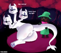 absurd_res annoyed anthro anus ass big_butt blush bovid caprine claws clover_(deltarune) deltarune dialogue duo english_text female feral flirting genitals goat hi_res male male/female mammal monster multi_head paws porldraws presenting pussy ralsei shy tail_grab text video_games