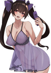 :s bow breasts brown_hair cellphone cleavage female frills hairbow hands_on_floor hat hatate_himekaidou heart heart-shaped_pupils highres long_hair medium_breasts navel negligee nightgown nipple_bulge phone pubic_hair purple_bow purple_eyes purple_nightgown see-through simple_background solo symbol-shaped_pupils tokin_hat touhou twintails white_background yukito_(dreamrider)