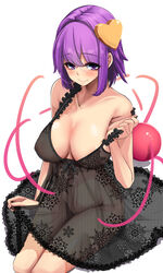 breasts collarbone covered_nipples eyeball female hairband heart heart-shaped_pupils heart_of_string highres holding_strap lace large_breasts negligee nightgown pubic_hair purple_eyes purple_hair satori_komeiji see-through short_hair simple_background smile solo symbol-shaped_pupils third_eye touhou undressing white_background yukito_(dreamrider)