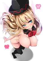 aqua_eyes areolae bangs black_headwear black_legwear blonde_hair bow bowtie breasts closed_mouth detached_collar eyebrows_visible_through_hair fairy_wings female from_above full_body heart heart-shaped_pupils highres large_breasts lily_black lily_white long_hair looking_at_viewer nipples nude pink_wings red_bow red_bowtie simple_background smile solo standing symbol-shaped_pupils textless thighhighs touhou white_background wings yukito_(dreamrider)