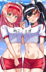 2020s 2021 2girls female female_only hololive hololive_gamers hololive_gen_0 hololive_japan midriff navel nootomo ookami_mio sakura_miko shorts sportswear virtual_youtuber wolf_ears wolf_girl