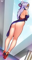 1girls 2d ass big_ass blue_eyes blush blushing_at_viewer curvy dress female female_only high_heels ikkimay lian_(paladins) light-skinned_female light_skin looking_at_viewer looking_back no_panties paladins solo solo_female tagme thighs voluptuous white_hair