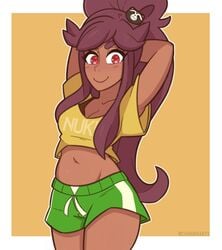 >:) 2020s 2021 breasts cianuroarts dark-skinned_female female female_focus female_only female_solo green_shorts looking_at_viewer mari mari(tiaramisstsu) midriff shorts smile smiling smiling_at_viewer solo solo_female thighs