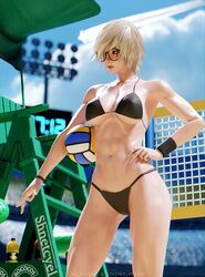 abs beach bikini black_bikini blender fit fit_female milkytabbo muscles original original_character short_hair sports_bikini tomboy volleyball white_hair