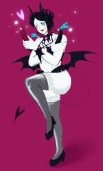 colored_background demon_slayer dildo enmu femboy high_heels hip_wings horns incubus kimetsu_no_yaiba male_only pointed_tail smile solo thick_thighs thighhighs wide_hips wink