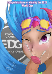 akzet blowjob blue_eyes fellatio league_of_legends pool_party_series pool_party_zoe purple_eyes semen_in_mouth solo_female zoe_(league_of_legends)