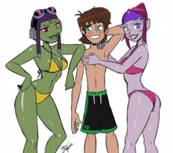 1boy 2girls aeolus06 alien_girl attea ben_10 ben_10_omniverse ben_tennyson bikini blush edit ester ester_(ben_10) female green_skin incursean kraaho male pink_hair pink_skin swimsuit