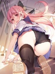 ass blush female lingerie looking_at_viewer miyase_mahiro panties pantyshot pink_eyes pink_hair ribbon school school_uniform schoolgirl skirt smile thighs tights underwear upskirt