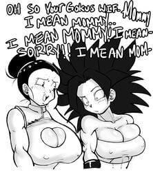 2girls big_breasts black_and_white black_hair blush boob_window breast_awe breasts caulifla chichi dialogue dragon_ball dragon_ball_super duo iced_latte_with_breast_milk meme mommy_kink mommy_sorry_mommy monochrome nipples_visible_through_clothing pseudocel staring staring_at_breasts text universe_6/universe_7 young_woman young_woman_and_milf yuri