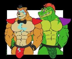 2023 2boys 5_fingers abs alligator alligatorid anthro anthro_only bear big_bulge bodypaint bow_tie bowtie bracelet bulge bulge_down_leg bulge_through_clothing cringe_croc crocodile crocodilian crocodylid digital_drawing_(artwork) digital_media_(artwork) duo facepaint five_nights_at_freddy's five_nights_at_freddy's:_security_breach flaccid gay glamrock_freddy_(fnaf) glasses green_skin hand_on_hip headgear headwear jockstrap jockstrap_only looking_at_partner looking_surprised male male/male male_anthro male_nipples male_only mammal manly mohawk_(hairstyle) montgomery_gator_(fnaf) mostly_nude_male muscles muscular_anthro muscular_arms muscular_male navel no_visible_genitalia partially_clothed_male pecs pectorals penis_bulge pierced_ear piercing red_hair reptile robot scottgames semi-erect shoulder_pads simple_background smiley_face smiling smiling_at_partner star_glasses steel_wool_studios studded_bracelet sunglasses surprised_expression top_hat ursid