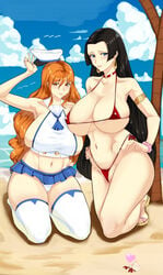 2girls 47_hard arm_bracelet arm_bracelets armpits beach belly belly_button bikini bikini_bottom bikini_top black_hair blue_eyes blue_sky boa_hancock bracelet breasts bursting_breasts cameltoe cleavage cloud cloudy_sky collarbone curvaceous dress earrings enormous_breasts female female_only hand_on_hip hands_on_hips hat heart hi_res high_resolution highres holding holding_clothes holding_hat hourglass_figure huge_breasts jewelry knee_up kneeling large_breasts long_hair looking_at_viewer matching_hair/eyes matching_hair_and_eye_color matching_hair_and_eyes micro_bikini micro_bikini_bottom micro_bikini_top multiple_girls nami navel necklace ocean one_piece orange_eyes orange_hair palm_tree panties pink_scrunchie post-timeskip pussy red_bikini red_micro_bikini red_string_bikini red_swimsuit revealing_clothes sailor sailor_dress sailor_hat sand scrunchie shounen_jump sideboob sky string_bikini swimsuit swimsuit_bottom swimsuit_top thighhighs top_heavy tree underwear voluptuous white_panties