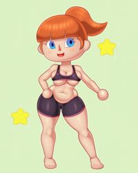 2020s 2021 animal_crossing animal_crossing_girl belly belly_overhang big_breasts blue_eyes blush bra breasts chubby cleavage eyebrows_visible_through_hair eyelashes female female_focus female_only green_background hand_on_hip happy hi_res human light-skinned_female light_skin looking_at_viewer nintendo only_player orange_hair png ponytail posing short_hair shorts simple_background sleepiitreat smile solo solo_female solo_focus sports_bra sportswear standing stars thick_thighs tight_clothing video_games villager_(animal_crossing) wide_hips