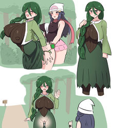 1futa 1girls age_difference alternate_breast_size beanie blush braid braided_ponytail breasts censored cheryl_(pokemon) closed_eyes clothed clothed_sex clothing cum cum_in_pussy cum_inside cum_leaking dawn_(pokemon) doggy_style dress duo eterna_forest female forest from_behind fully_clothed futa_on_female futanari green_dress green_eyes green_hair green_jacket grey_eyes hair_between_eyes hair_ornament hair_over_shoulder hairclip happy huge_breasts human implied_futanari large_breasts light-skinned_female light-skinned_futanari light_skin long_hair long_sleeves messy_hair miniskirt mochiume9 mosaic_censoring mostly_clothed nintendo older_female open_mouth outdoors pale_skin penetration penis pink_skirt pleated_skirt pokemon pokemon_dppt ponytail pussy sex side_ponytail single_braid spread_legs standing standing_doggy_style standing_sex sweat sweatdrop vaginal_penetration white_headwear x-ray younger_futanari