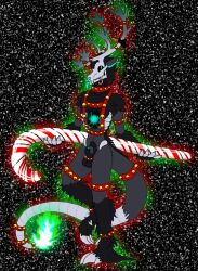 2022 animal_genitalia anthro antlers arms_out ball_harness balls bell bell_harness black_body black_fur black_sclera blue_pupils blue_tongue bone bone_claws bone_tail candy candy_cane colored colored_fire crown dessert ears_back fire food fully_sheathed fur genitals green_fire grey_body grey_fur harness hi_res holding_object horn jingle_bell jingle_bell_harness leg_markings long_tail looking_at_viewer male markings object_in_mouth on_one_leg pinup pivoted_ears pose pupils sheath skull skull_head smile smiling_at_viewer snow socks_(marking) solo standing tail tail_flame tongue tongue_out undead visible_ribcage visible_ribs void_(void_lizard) void_lizard