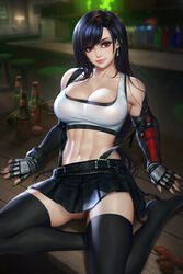 1girls beer_bottle black_hair crop_top earring female female_only final_fantasy final_fantasy_vii final_fantasy_vii_remake fingerless_gloves fully_clothed image_set long_hair looking_at_viewer miniskirt neoartcore no_shoes nudtawut_thongmai poker_chips red_eyes sitting sitting_on_table skirt solo sports_bra square_enix suspenders tagme thigh_highs thighhighs tifa_lockhart toned_female