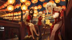 3girls alabama_(azur_lane) azur_lane bare_arms bare_legs bare_shoulders black_hair breasts bridge china_dress chinese_clothes dark-skinned_female dark_skin jeonghee1414 lantern leggings looking_at_viewer lunar_new_year massachusetts_(azur_lane) red_eyes south_dakota_(azur_lane) tagme thigh_strap white_hair yellow_eyes