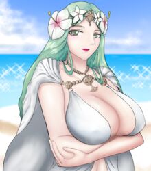 1girls alternate_costume arm_under_breasts beach bikini breasts cleavage covered_nipples crossed_arms fire_emblem fire_emblem:_three_houses fire_emblem_heroes flower green_eyes green_hair hair_flower huge_breasts looking_at_viewer matoimangekyo nintendo ocean official_alternate_costume open_mouth rhea_(fire_emblem) rhea_(summer)_(fire_emblem) sand smile solo swimsuit water white_bikini white_flower white_swimsuit