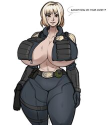 1girls alternate_breast_size badge belt belt_buckle big_breasts big_thighs blonde blonde_hair breast_curtain breast_curtains breasts breasts_bigger_than_head brown_eyes bulletproof_vest cassandra_anderson cleavage clenched_teeth english english_text female female_only gigantic_thighs gun gun_holster holding_gun holding_pistol holster huge_breasts huge_thighs judge_anderson judge_dredd_(franchise) lewdreaper naked_vest olivia_thirlby open_vest pistol police_badge pouch short_hair smile solo speech_bubble thick_thighs thigh_holster tight_clothing vest zipper zipper_down zipper_pull_tab