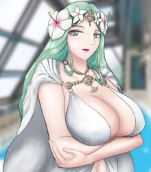 1girls alternate_costume alternate_version_available arm_under_breasts bikini breasts cleavage covered_nipples crossed_arms fire_emblem fire_emblem:_three_houses fire_emblem_heroes flower green_eyes green_hair hair_flower huge_breasts indoors looking_at_viewer matoimangekyo nintendo official_alternate_costume open_mouth pool rhea_(fire_emblem) rhea_(summer)_(fire_emblem) smile solo swimming_pool swimsuit that_pool white_bikini white_flower white_swimsuit