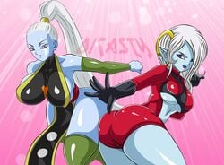 2d 2girls angel angel_(dragon_ball) angel_girl ass big_breasts blue-skinned_female blue_body blue_skin breasts busty cleavage clothed demon demon_girl demoness dicasty dragon_ball dragon_ball_super dragon_ball_xenoverse female female_focus female_only gloves hair_ornament huge_ass huge_breasts large_breasts leggings leotard long_hair pointy_ears ponytail purple_eyes short_hair shounen_jump thick_thighs thighhighs thighs towa underboob vados very_long_hair white_hair