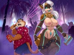 absurd_res anthro benjamin_clawhauser breasts carnival_(disambiguation) cecilia cheetah clothing disney duo exotic_dancer felid feline female hi_res hybrid large_breasts legwear lynx male male/female mammal navel_piercing nipples nude party racoe stockings thick_thighs zootopia