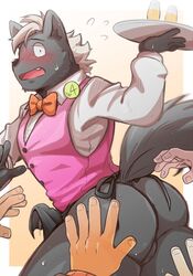 2021 anthro apron ass ass_grab blush blush bowtie club disembodied_hand dripping_cum embarrassed erection erection_under_clothes gray_fur grope groping_ass koginoro_28 male male_only male_presenting mammal mephitid nose odd_taxi precum presenting_ass shun_imai_(odd_taxi) skunk solo solo_focus solo_male tail two_tone_hair vest waiter waitrer_uniform