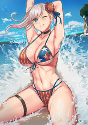 1girls 2019 american_flag_bikini asymmetrical_hair bangs bikini blue_eyes blush breasts bun_cover cleavage collarbone day fate/grand_order fate_(series) female female_focus female_only flag_print grin hair_bun highres kakeku large_breasts long_hair looking_at_viewer miyamoto_musashi_(fate) miyamoto_musashi_(swimsuit_berserker) multi-strapped_bikini navel one_eye_closed outdoors pink_hair ribbon smile solo swept_bangs swimsuit water