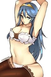 1340smile 1girls armpits blue_eyes blue_hair bra breasts cleavage fire_emblem fire_emblem_awakening large_breasts long_hair lucina_(fire_emblem) nintendo panties solo stretching symbol-shaped_pupils thighhighs tiara underwear white_background white_panties