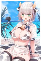 animal_ears animal_print apron arm_support bangs beach beach_towel bell big_breasts bikini bikini_top blue_ribbon blue_sky braid breasts cloud cow_bikini cow_ears cow_horns cow_print cow_print_legwear cow_tail day eyebrows_visible_through_hair female green_eyes hair_ribbon hand_on_breast hand_on_chest hand_on_own_breast hand_on_own_chest highres hololive hololive_fantasy hololive_japan horns large_breasts legwear looking_at_viewer maid_apron medium_hair mole mole_on_breast mou_tama_maru neck_bell open_mouth plant ribbon shirogane_noel silver_hair sitting sky smile solo swimsuit tail thighhighs towel virtual_youtuber wrist_ribbon