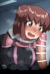 1boy 1girls big_breasts big_penis blush bodysuit breasts brown_eyes brown_hair censor_bar censored gloves heart-shaped_pupils high_resolution irie_tamaki large_breasts large_penis majestic_prince mizumizuni penis short_hair textless veiny_penis