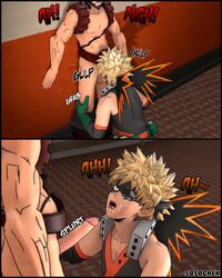 2boys 3d 3d_(artwork) against_wall asian asian_male bodily_fluids clothing cum cum_on_face eijirou_kirishima fellatio gay genital_fluids genitals hero_outfit_(mha) katsuki_bakugou leg_grab male male/male male_only mask masked my_hero_academia one_eye_closed open_mouth oral oral_sex sosochek spiky_hair tongue yaoi