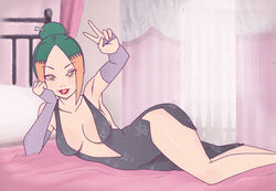 arm_warmers armwear bare_legs bare_shoulders breasts brown_eyes center_opening cleavage clothed_female dress female female_only green_hair hair_bun lipstick looking_at_viewer lying_on_bed lying_on_side makeup naruto naruto_(series) naruto_shippuden no_underwear orange_hair pakura parted_lips peace_sign position red_lipstick revealing_clothes shiny_clothes solo solo_focus tied_hair tonxubramando two_tone_hair v wide_hips