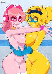 2girls biting_lip breast_press breasts cartoon_network female_only g-lo_(villainous) headphones hi_res looking_at_viewer loquillo miss_heed_(villainous) multiple_girls pink_hair pink_skin thighs tongue villainous yellow_body yellow_skin yuri