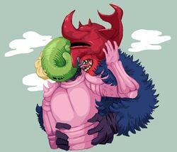 2boys alien ambiguous ambiguous_gender ambiguous_species antennae ape armor blonde_hair blue_body blue_fur blue_hair body_hair clouds dedusmuln_(hylics) dinoburger feelers floral fur gastropod gloves green_skin groping hair hairy helmet horn horns hylics kissing knight mollusk oekaki pink_body plant plant_humanoid pongorma_(hylics) radula red_skin ship simple_background slug snail tongue