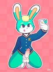 animal_crossing anthro athlete balls blonde_hair blush cellphone clothed clothing cute_expression digital_media_(artwork) erect_nipples erection fur genitals girly hair hi_res jacket lagomorph leporid male male/male mammal nintendo nipples penis phone rabbit sasha_(animal_crossing) selfie simple_background smartphone solo tongue tongue_out topwear video_games wolfyzeeb young