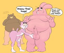 anthro ball_fondling balls cartoon_network dialogue domestic_cat erection eroborus family_guy fat felid feline felis fondling foreskin genitals group hi_res humanoid_genitalia humanoid_penis lagomorph leporid male male/male mammal nude obese obese_male overweight overweight_male penis peter_griffin rabbit richard_watterson standing the_amazing_world_of_gumball ursid