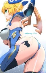 1girls alternate_form armpits ass ass_focus big_ass big_breasts blonde_hair breasts clothing cyborg fiora_(xenoblade) from_behind from_below green_eyes highres medium_hair mercury_xeno nintendo sideboob smile smirking solo thighhighs thighs underboob white_background white_skin xenoblade_(series) xenoblade_chronicles