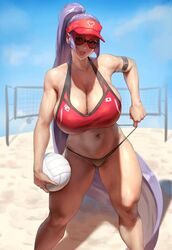 1girls beach beach_volleyball bikini breasts cleavage eu03 fate/grand_order fate_(series) female female_only huge_breasts massive_breasts minamoto_no_raikou_(fate/grand_order) outdoors ponytail purple_hair solo standing sunglasses sweat swimsuit thick_thighs volleyball wide_hips