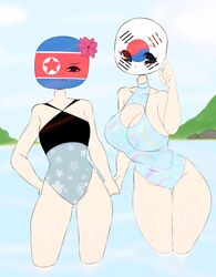 2girls 5_fingers anthro anthrofied bare_shoulders big_breasts breasts cleavage countryhumans countryhumans_girl cute eyebrows eyelashes female female_only flat_chest flawsy flower hips huge_breasts humanoid large_breasts light-skinned_female looking_at_viewer north_korea_(countryhumans) south_korea_(countryhumans) standing swimsuit thick thick_thighs thighs water wide_hips