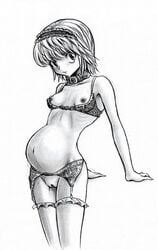 1girls breasts collar female female_kurapika female_only frilled_legwear frilly_hairband garter_belt garter_straps genderswap genderswap_(mtf) human hunter hunter_x_hunter kurapika lingerie maid_headdress monochrome pregnant rule_63 short_hair shounen_jump small_breasts solo thighhighs