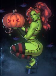 enia exposed_butt feet female fishnets green_skin halloween high_heels huge_breasts jack-o'-lantern leg_sleeves looking_at_viewer orc orc_female original_character pointy_ears ponytail solo squatting striped_legwear thick_thighs tusks