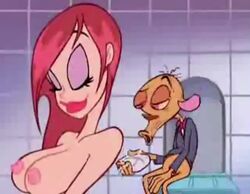 1boy 1girls animated big_breasts boobs breasts canonical_scene clothed fur furry joane low_res moaning_in_pleasure nude_female official official_art purple_eyes red_hair ren_and_stimpy_"adult_party_cartoon" ren_hoek rubbing shower soap soap_girl tagme video