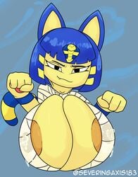 2021 animal_crossing ankha anthro breasts cat_ears catgirl cleavage female huge_breasts lactation leaking_milk milk mummy_costume nintendo nipples_visible_through_clothing severingaxis183 smug smug_face smug_grin solo solo_female solo_focus stained_clothes