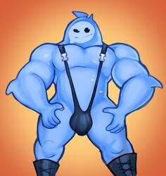 1boy 2019 big_muscles blue_body boots bulge clothing elfein epic_games footwear fortnite gay genital_outline goo_creature goo_humanoid humanoid looking_at_viewer male male_only mankini muscular muscular_humanoid muscular_male non-human pecs penis_outline rippley simple_background slurp_(fortnite) solo standing video_games